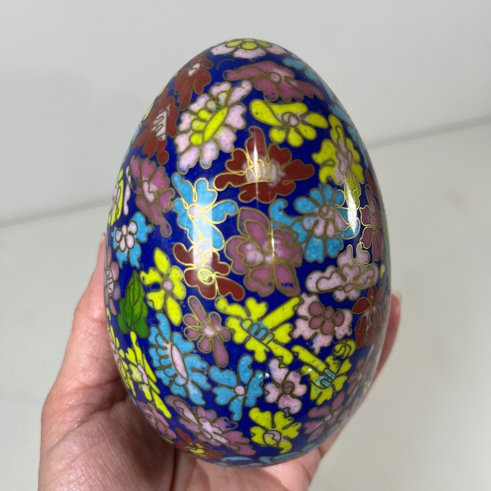 Vintage Cloisonne Enamel Floral Egg Decor Blue Gold Gilt Chinoiserie 4 Inch